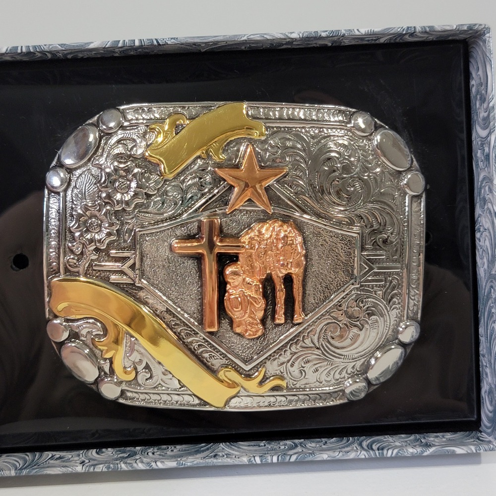 Crumrine Mens Tri-Tone Religious Cross Shepherd Western Trophy Belt Buckle NEW